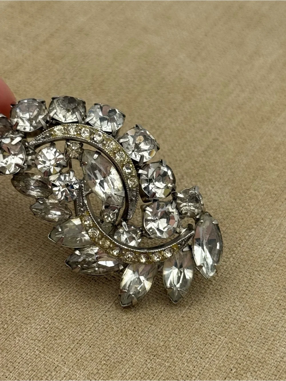 Vintage Crystal Crescent Statement Brooch - Silver Tone